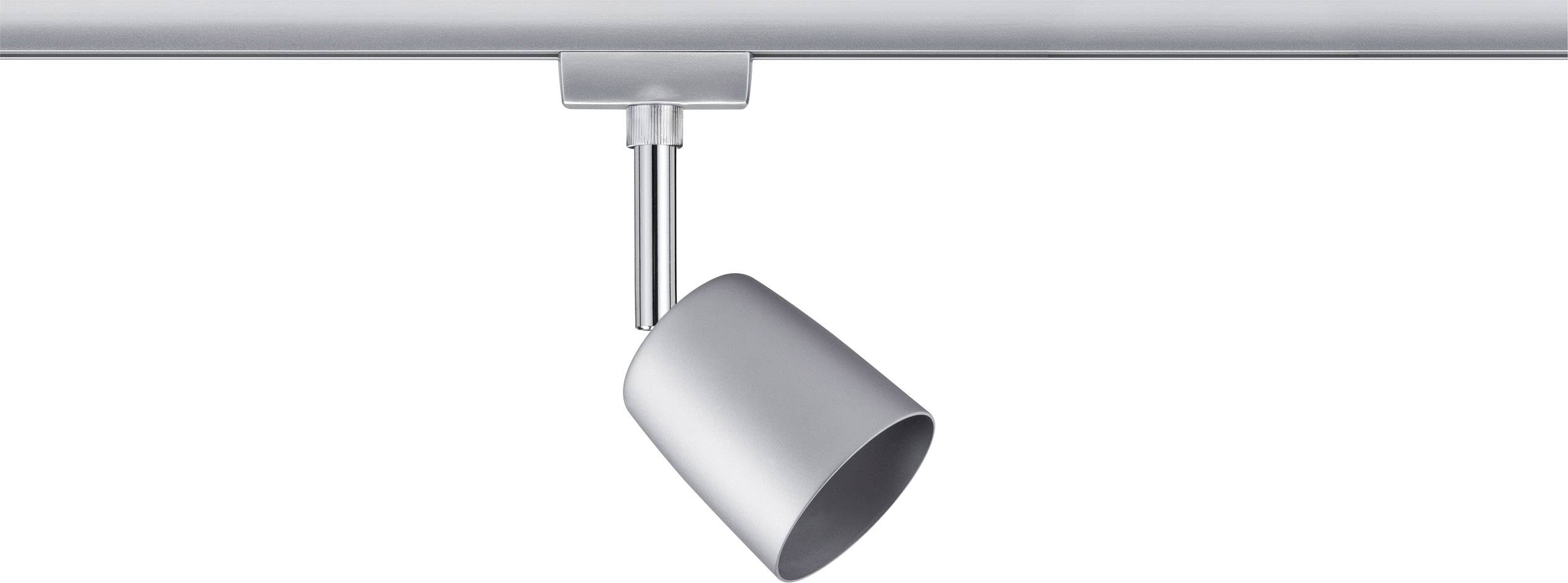 A single silver ceiling light in a modern design fixed to a metal track.