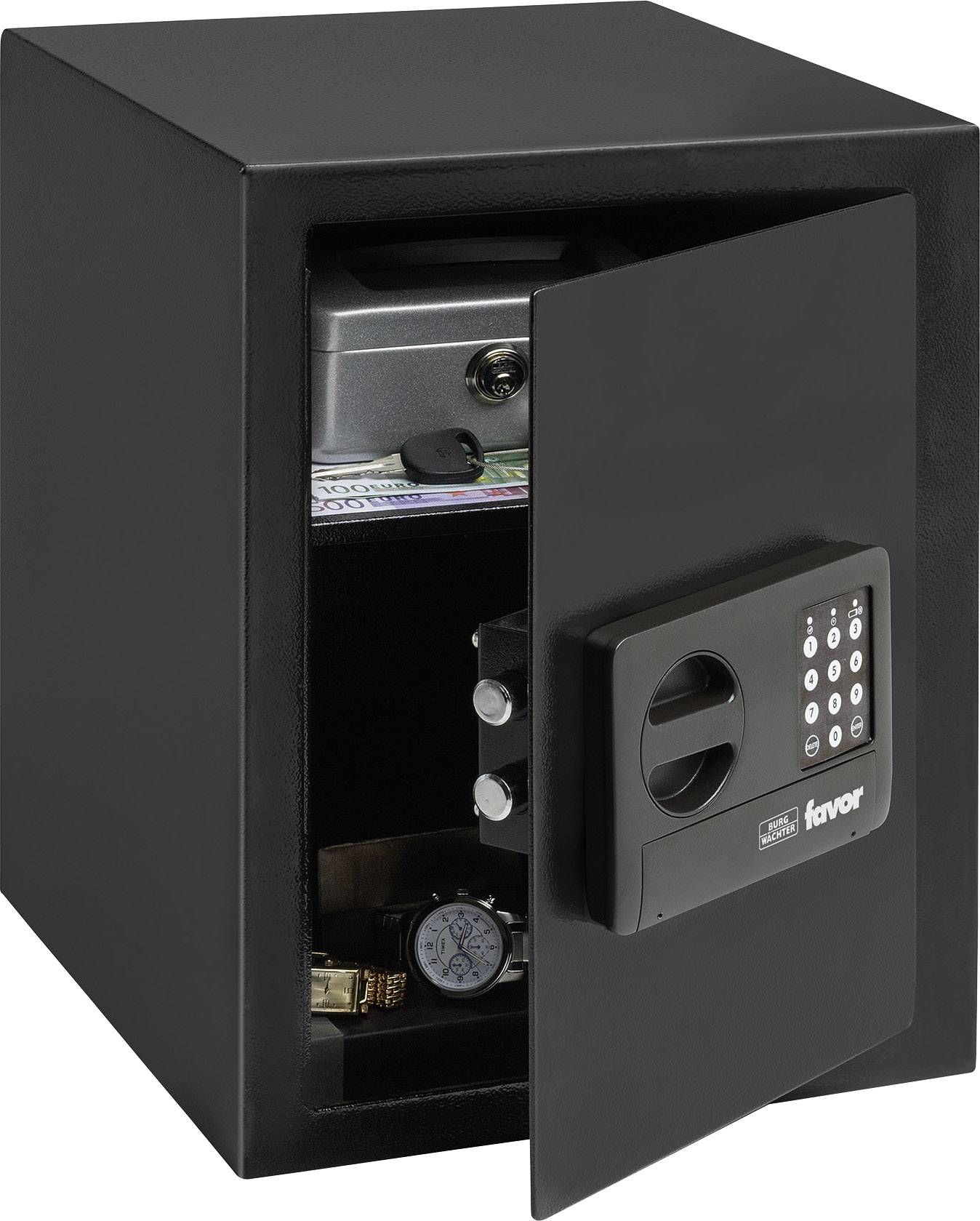 Black safe with digital combination lock, slightly open. Cash, a watch and other valuables are visible inside.