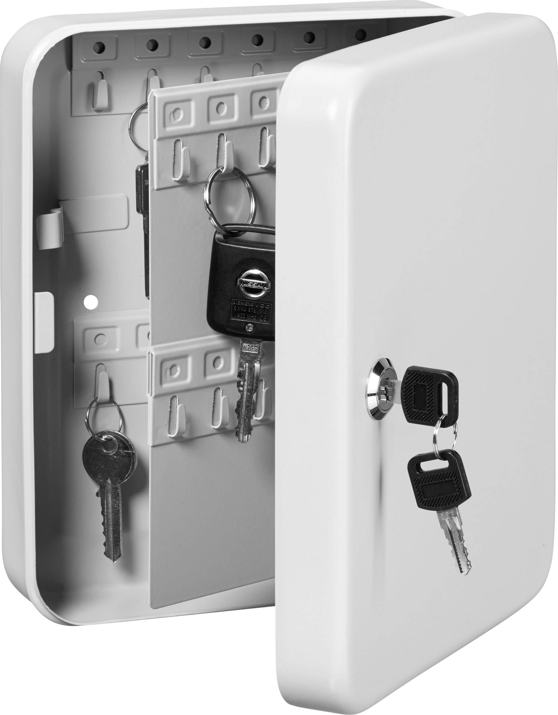 A white key cabinet with an open door shows several keys stored on hooks. A key is inserted in the lock of the door.