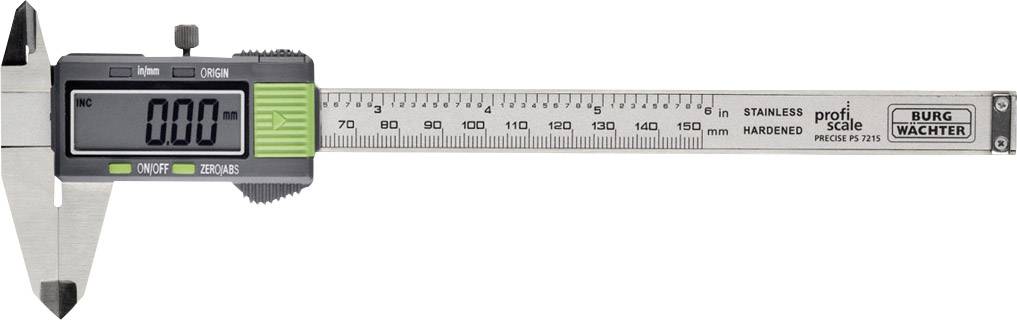 Digital vernier caliper set to 0.00, displaying centimetre and millimetre scales. Silver casing with green button.