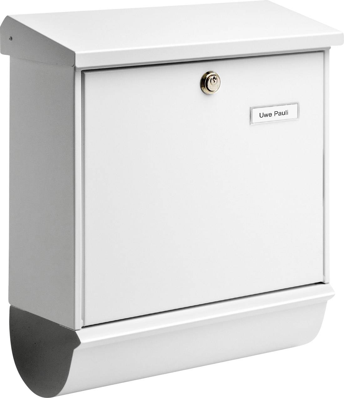 A white letterbox with the name plate 'Uwe Pauli' on the front.