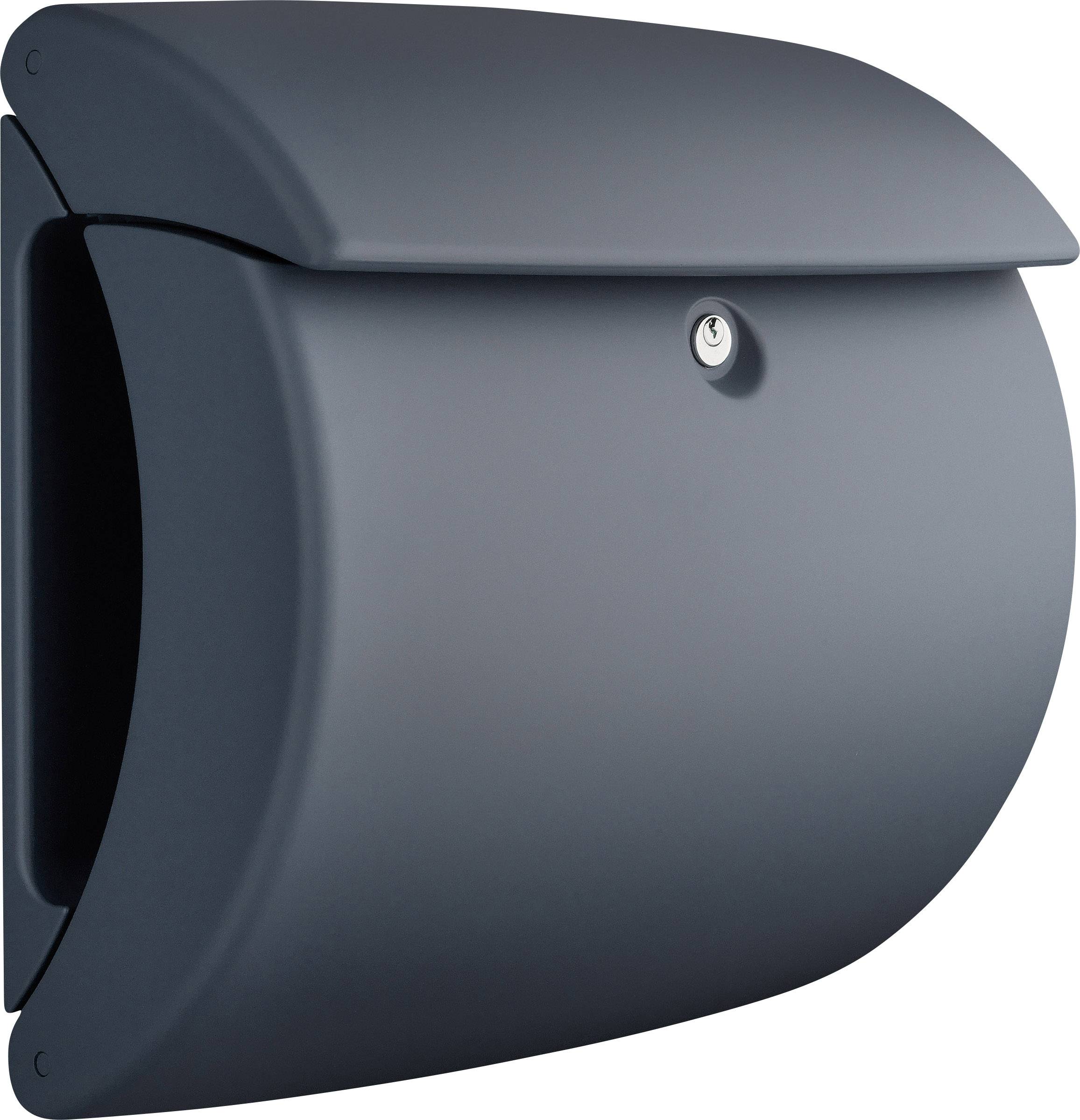 A contemporary anthracite-coloured metal letterbox with rounded corners and a lock on the front.