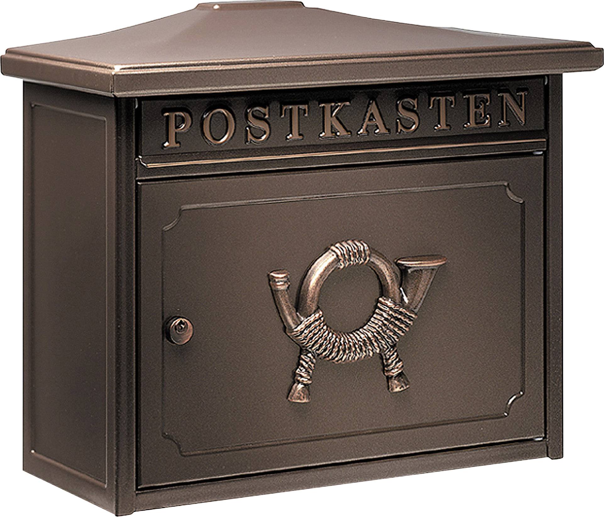 Brown metal postbox with the inscription 'Postbox' and postal horn emblem on the front.
