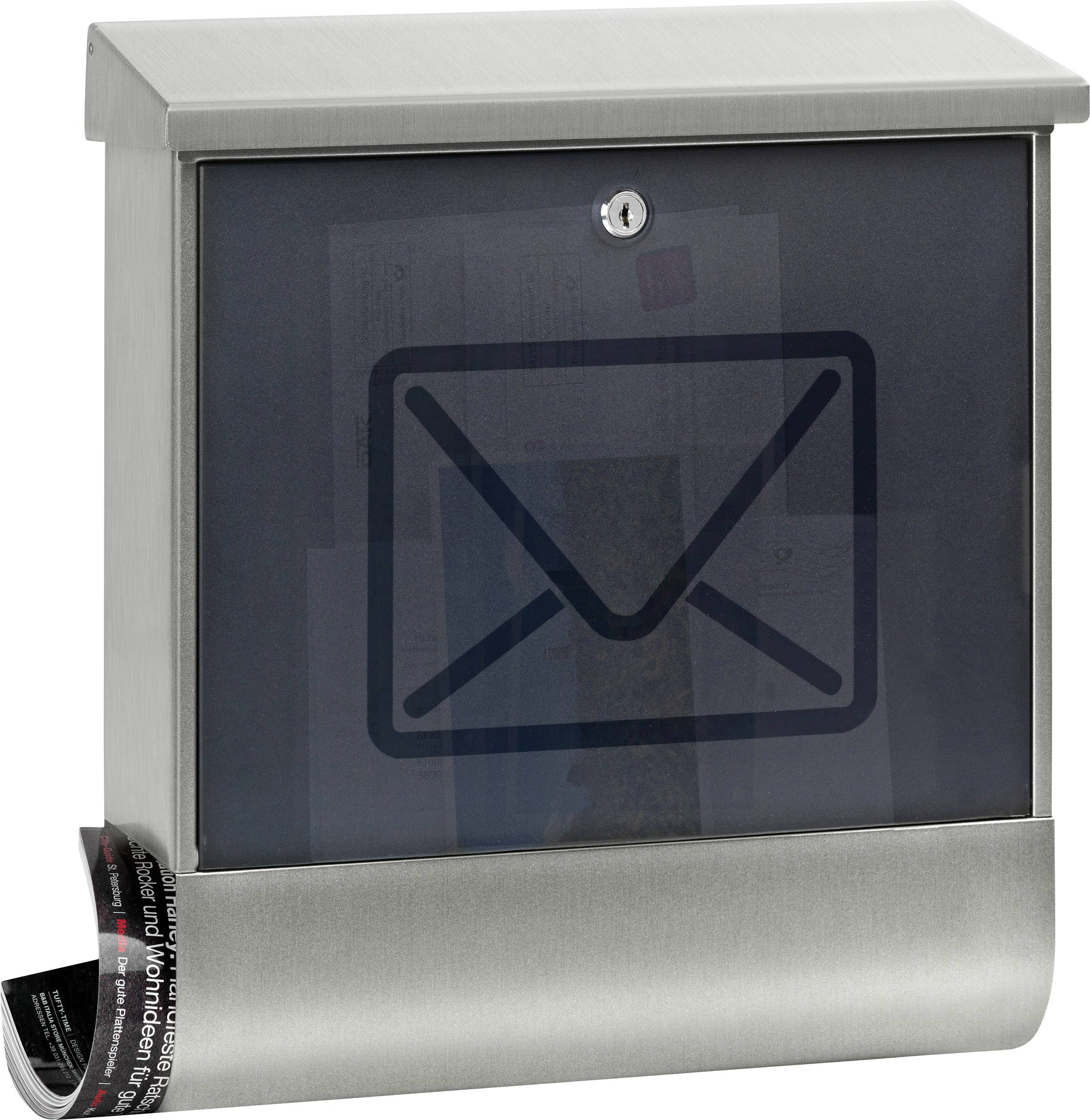 A silver letterbox with a transparent front panel displaying letters. A newspaper compartment is integrated at the bottom.