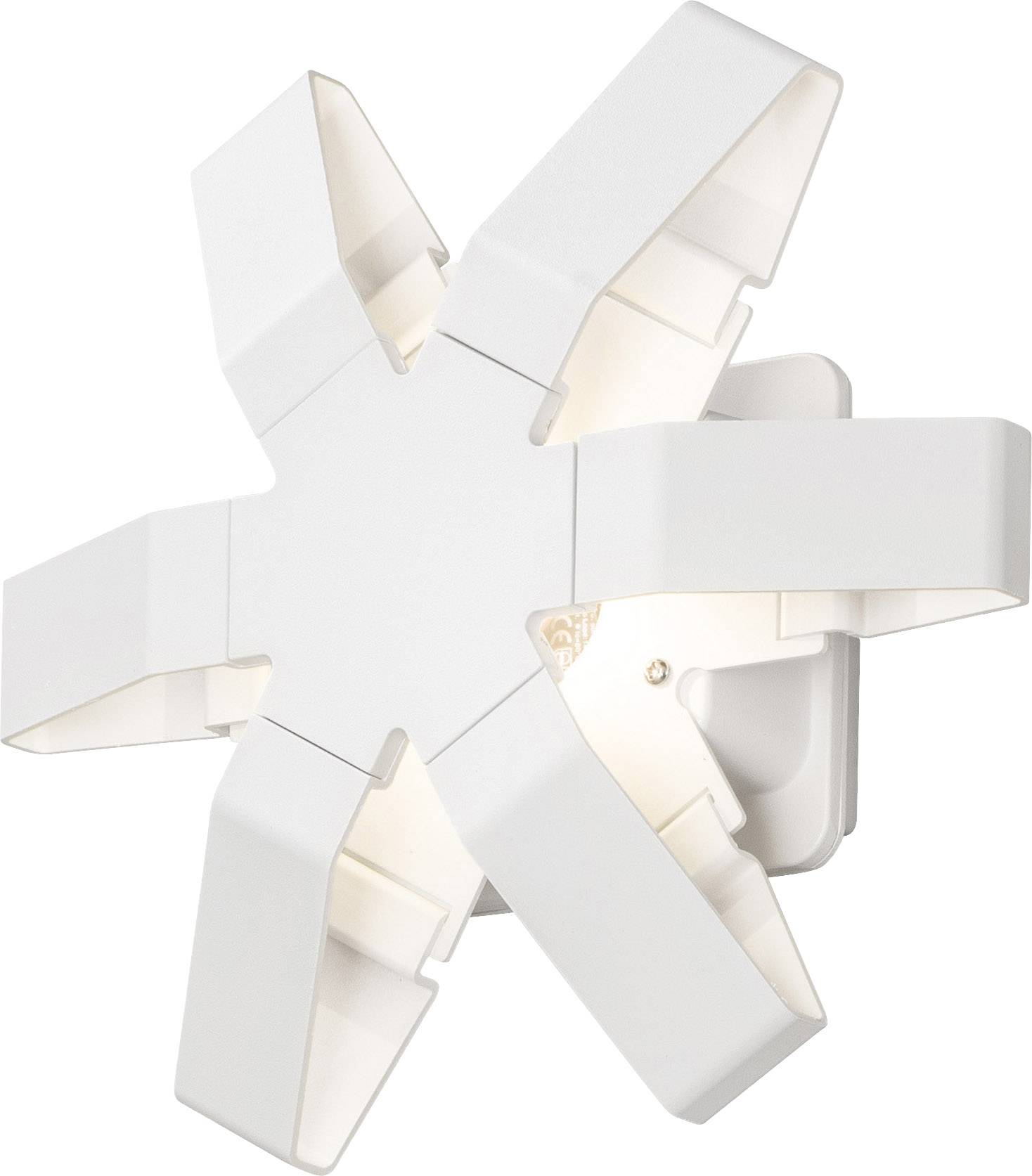 White, star-shaped wall light with six evenly spaced arms, radiating soft light outwards. Modern design for interior spaces.