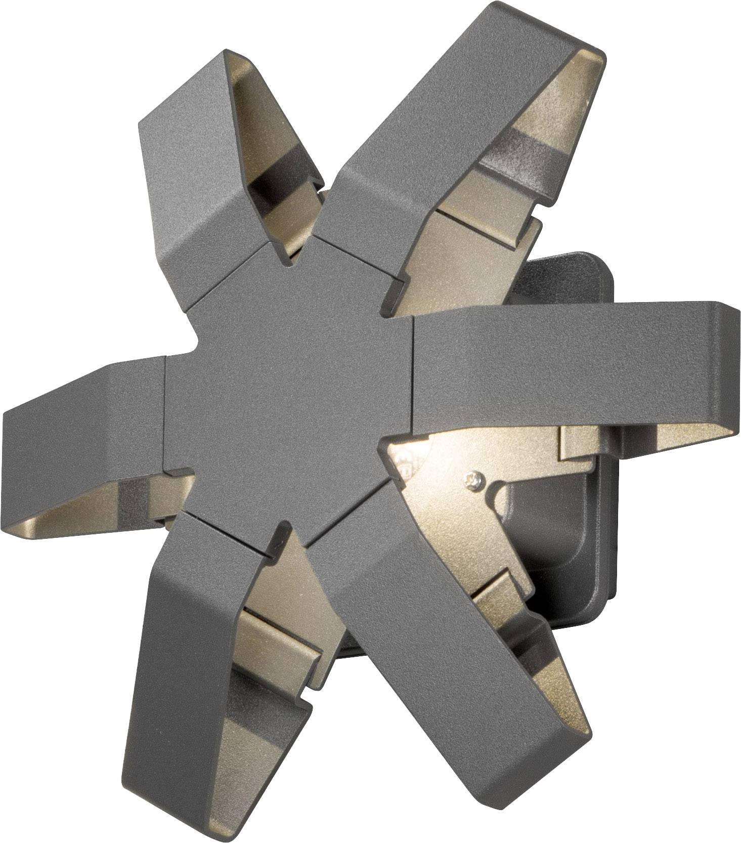 A contemporary wall light with a star-shaped design in charcoal grey, which radiates soft light outwards. Suitable for interior spaces.