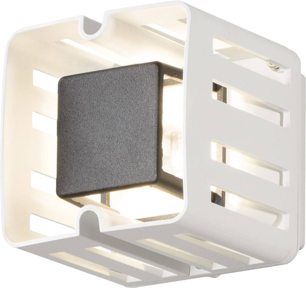 A modern wall light with a white lattice frame and a black square in the centre. It illuminates brightly, suitable for interior spaces.
