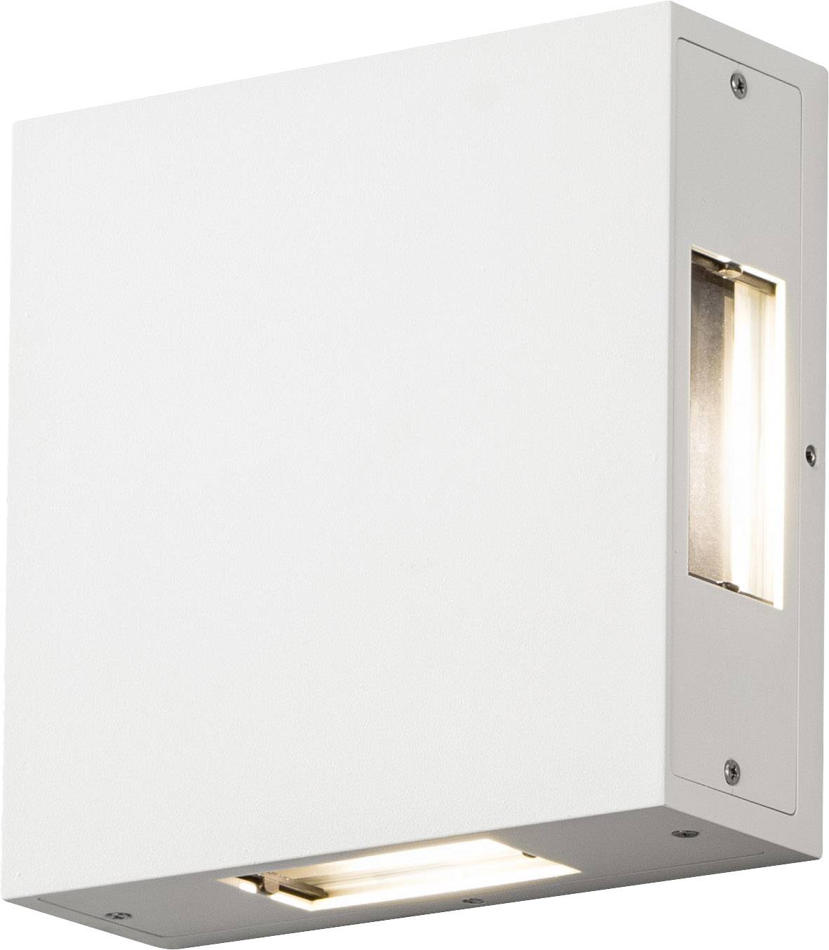 White, square wall light with two light openings at the top and bottom, which radiates warm light onto the wall.