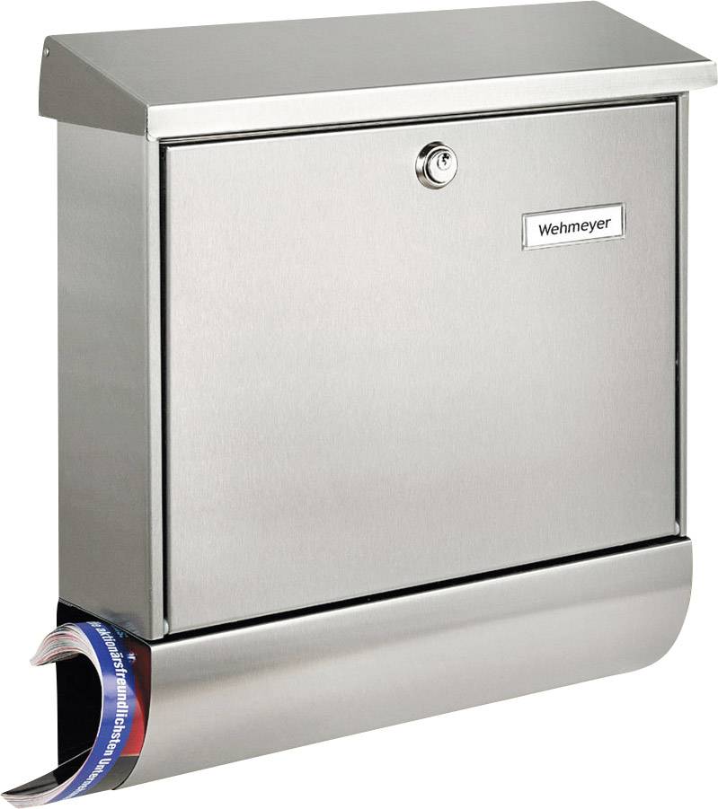 A silver letterbox with a newspaper holder below and a nameplate reading 'Wehmeyer' on the front.