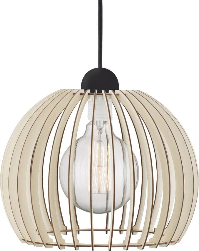 Pendant light with wooden slats and visible filament bulb, modern design.