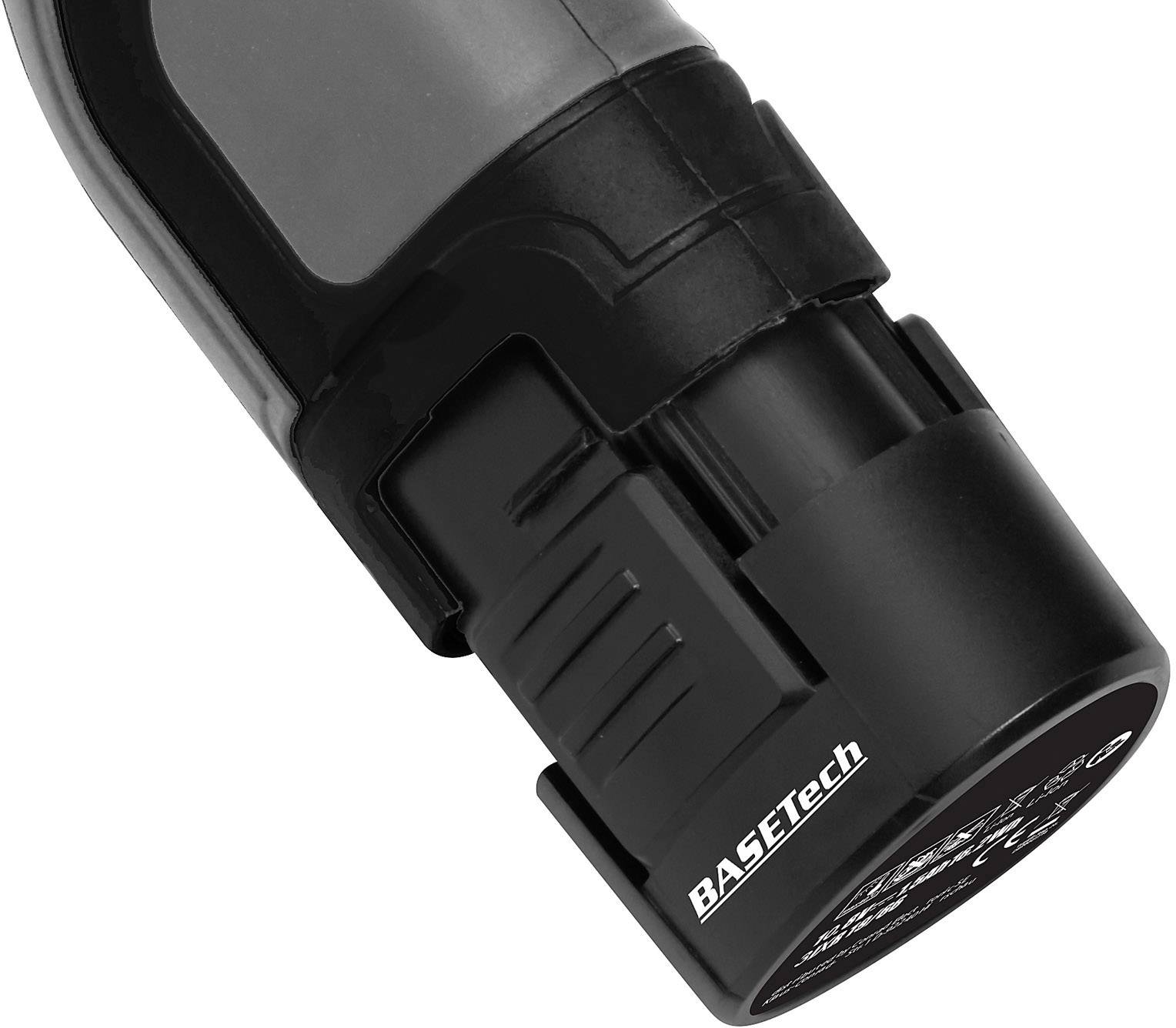 The image shows a BASETech rechargeable battery in close-up, with a black casing and a labelled print.