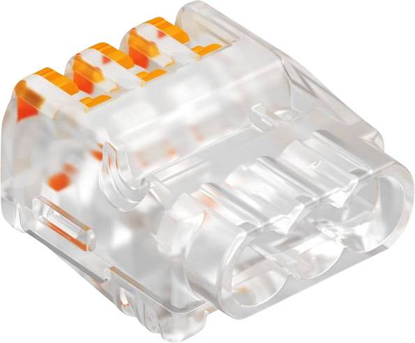Transparent, three-pole connector with orange colour markings for electrical wire connection.