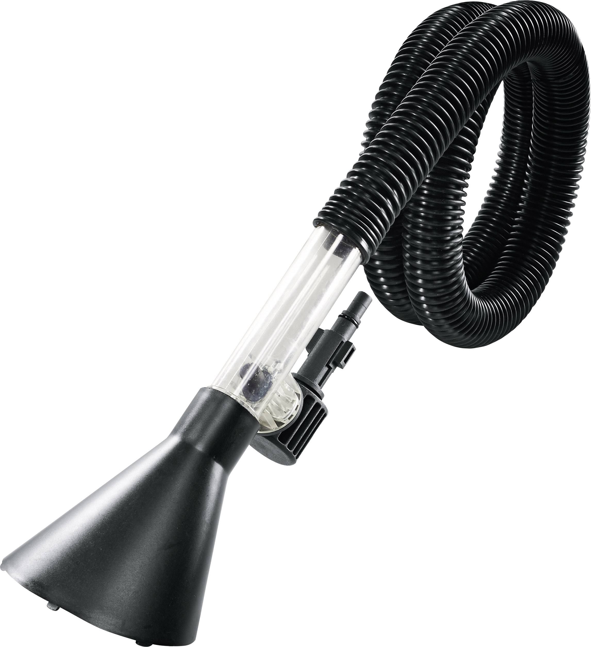 Black hose with a transparent section and a conical nozzle, presumably a vacuum cleaner attachment or tool.