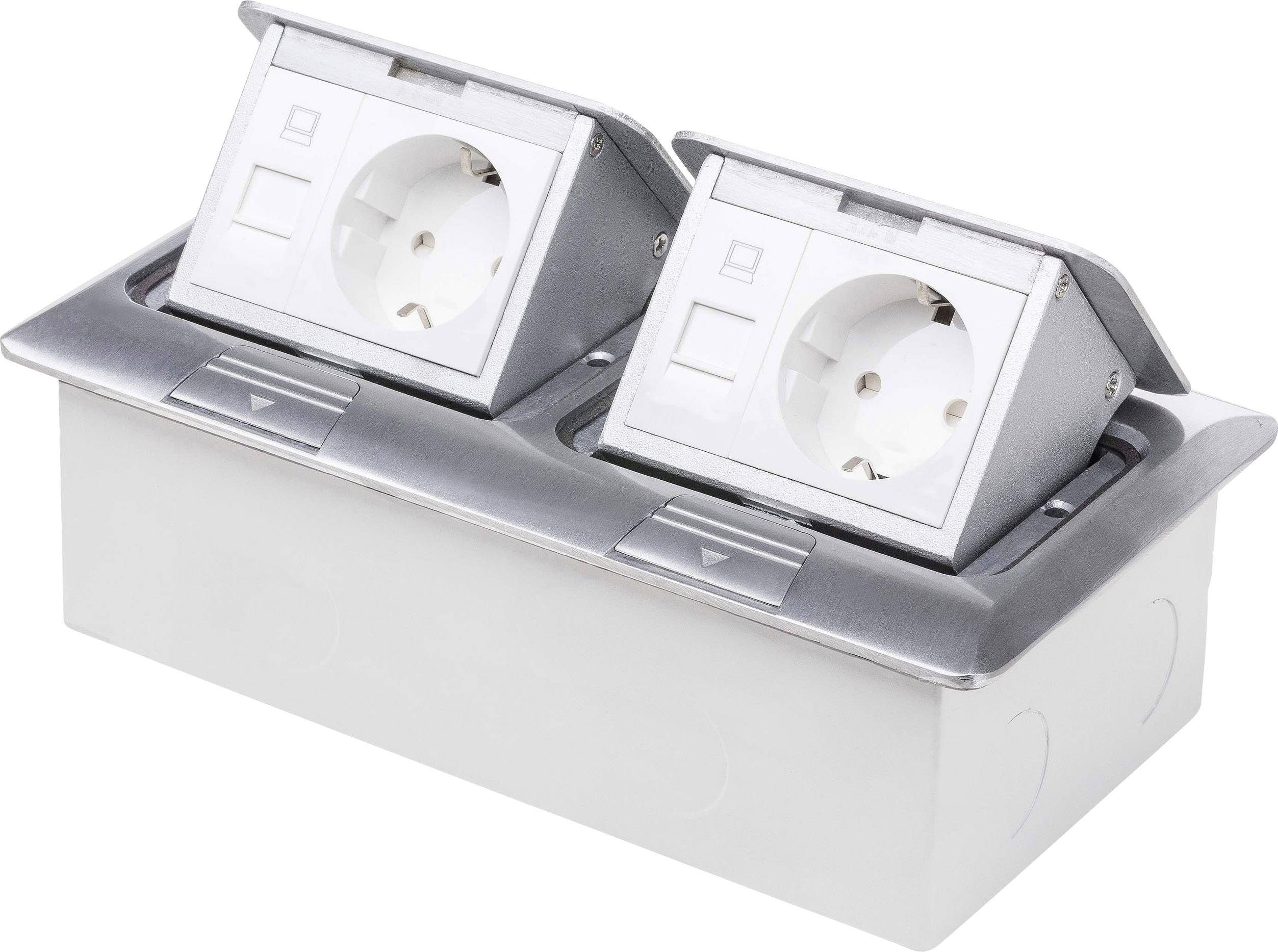 Double socket in a metal casing with hinged lids, mounted on a surface. Suitable for furniture or worktops.