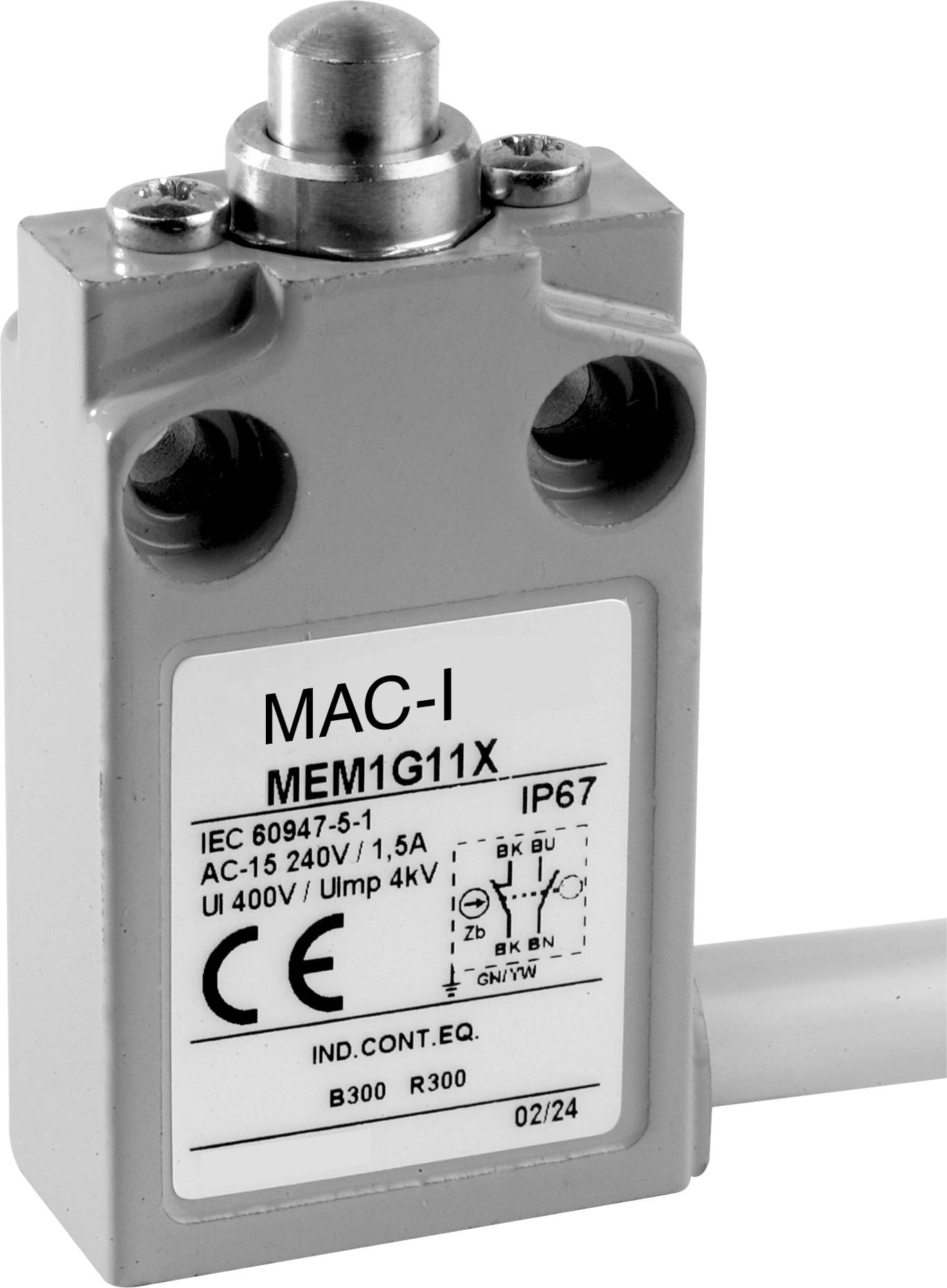 Grey position switch with button and cable, marking 'MAC-I MEM1G11x', CE mark, protection type IP67, electrical specifications IEC 60947-5-1.