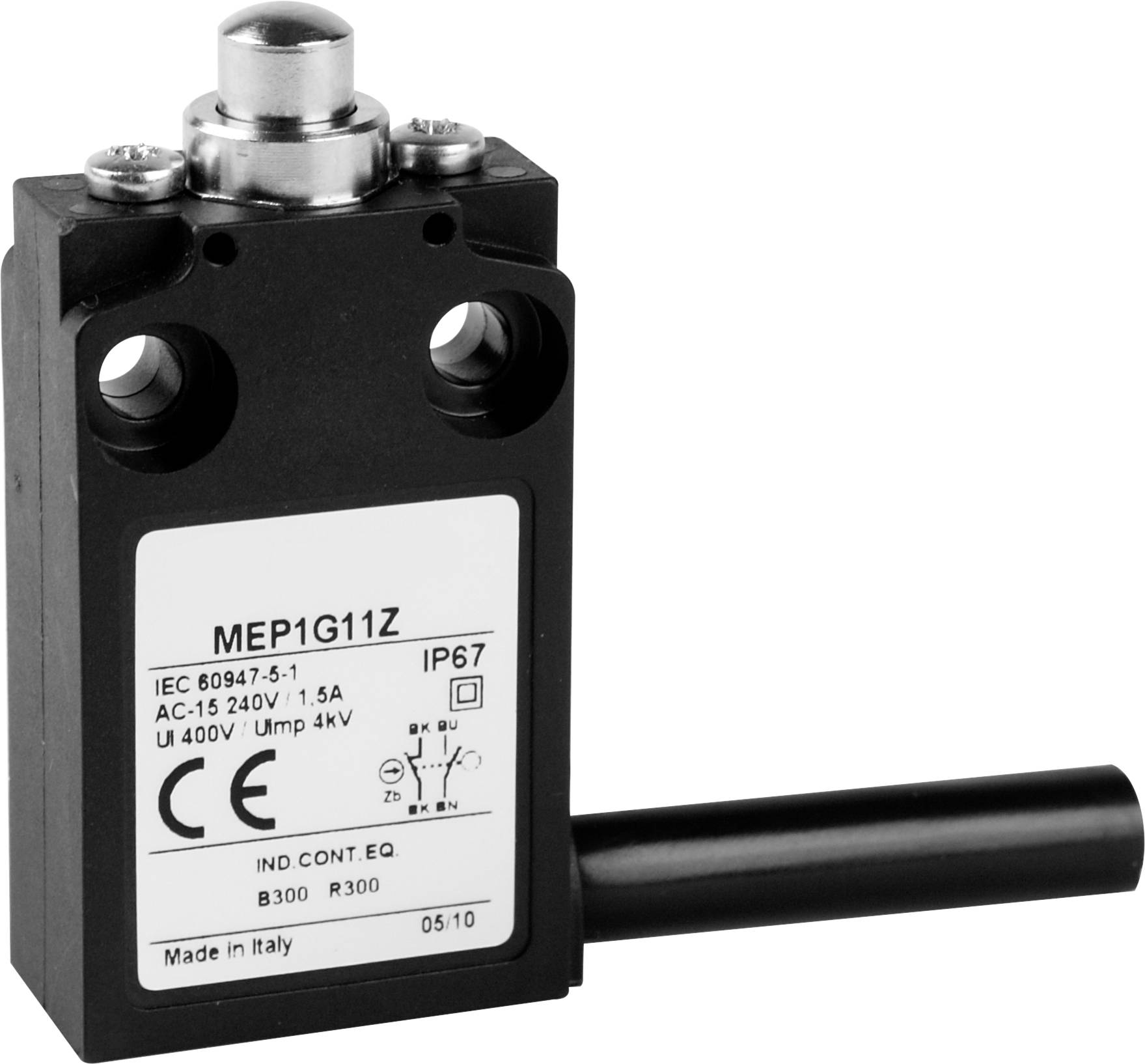 Black mechanical limit switch with lever and silver button, product information and CE certification on label.