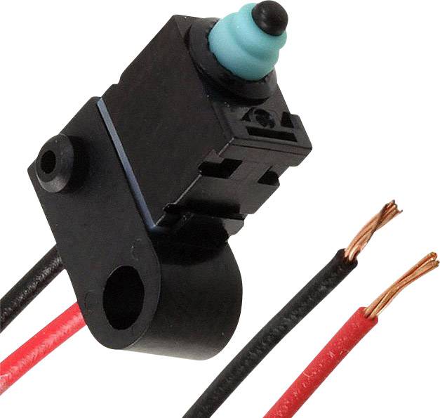 Small limit switch with blue cap and two exposed cables in red and black, used for controlling electrical devices.