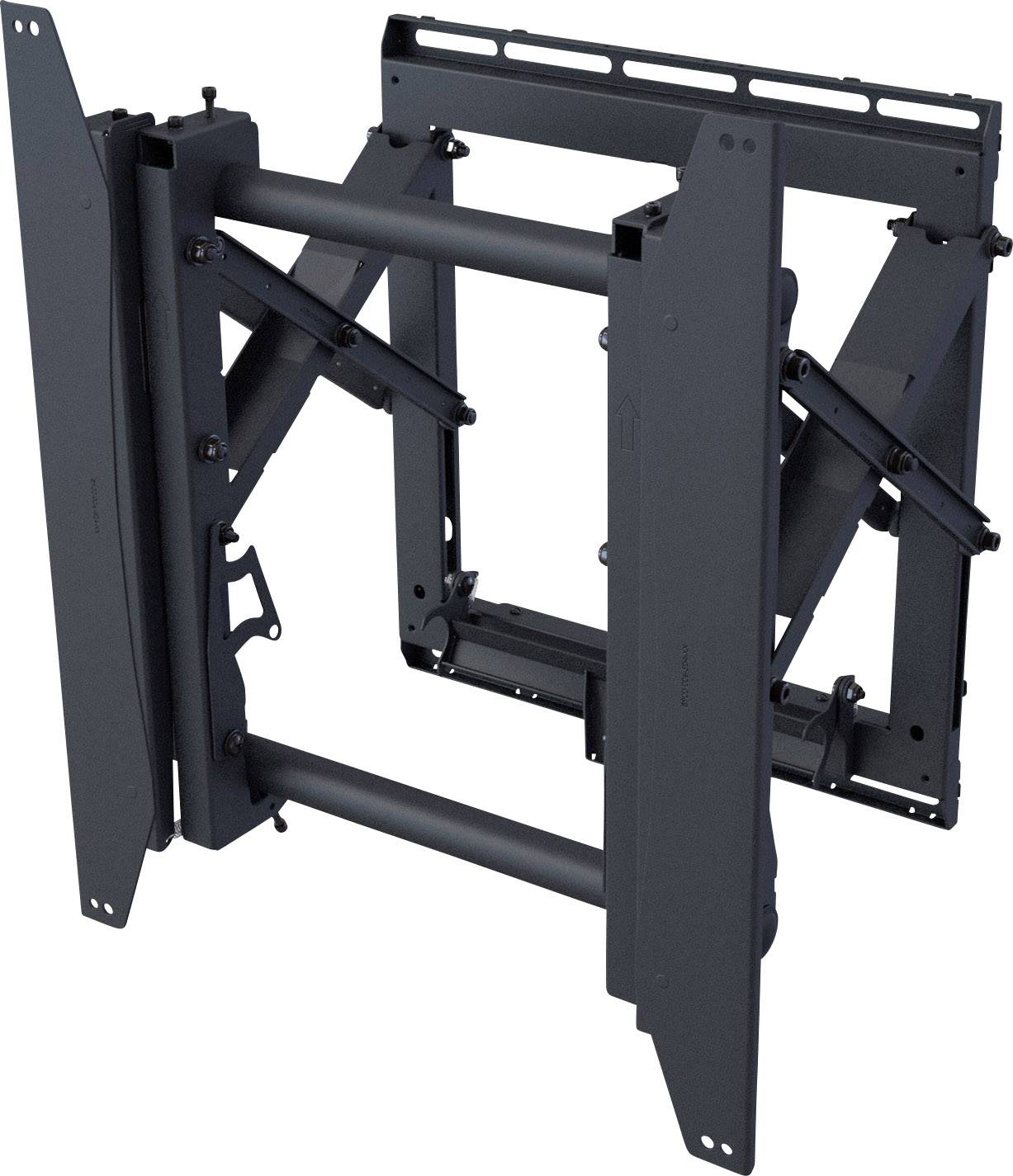 Black TV wall mount with adjustable tilt and robust metal frame, suitable for wall mounting flat screen televisions.