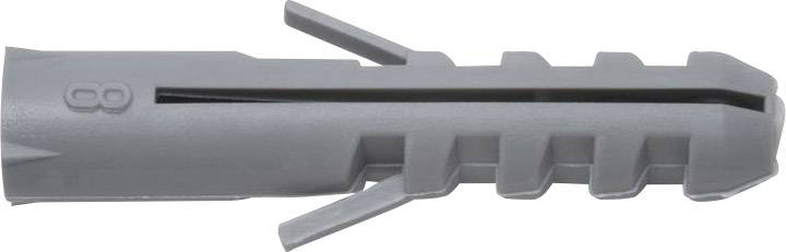 Grey wall plugs for concrete walls, cylindrical in shape, with slots and barbs for improved anchoring.
