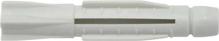 A grey plastic wall plug for securing screws in walls. It has a cylindrical body with a slit down the centre.