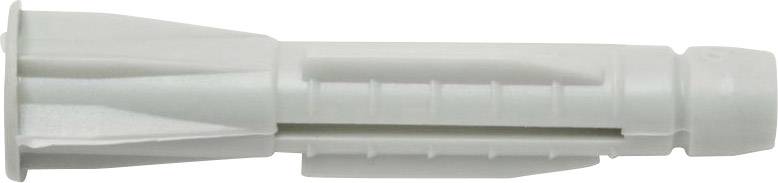 A grey plastic wall plug lying horizontally, with expanding wings and a ribbed shaft.