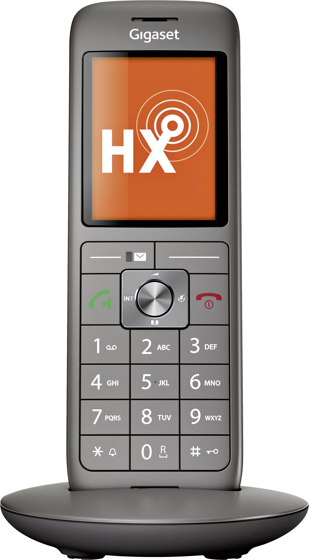 Cordless telephone with display, showing 'HX' on an orange background. Includes keypad with number keys and additional control buttons.