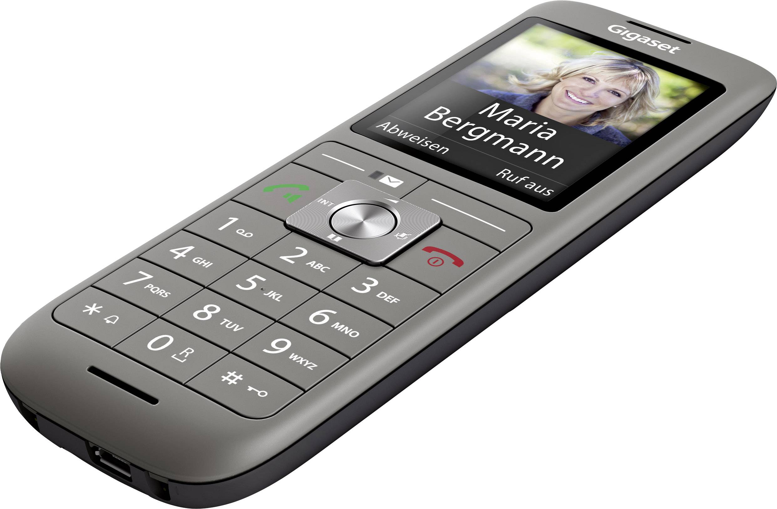 A cordless telephone with a large display shows a photo of 'Maria Bergmann'. Buttons for calling, rejecting, and number input are visible.