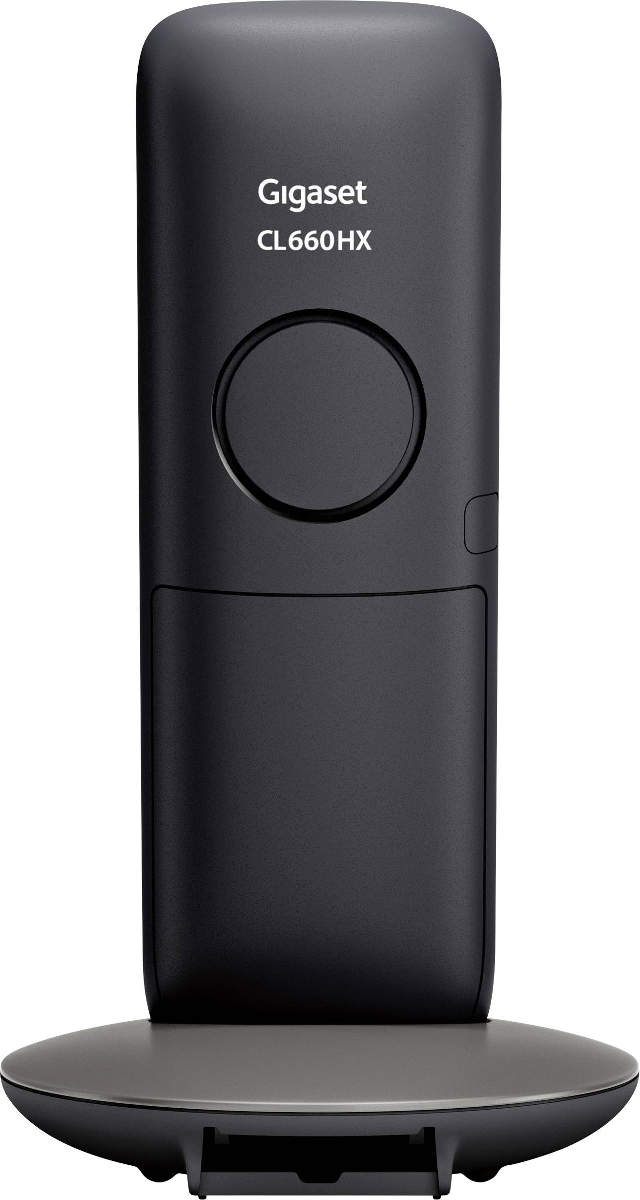 A Gigaset CL660HX cordless telephone in black is standing on a charging station.