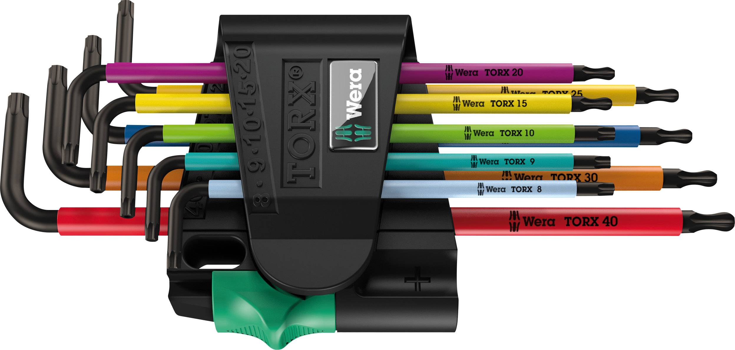 A set of coloured Torx hex keys in a holder by Wera. The keys are arranged in various sizes and colours.