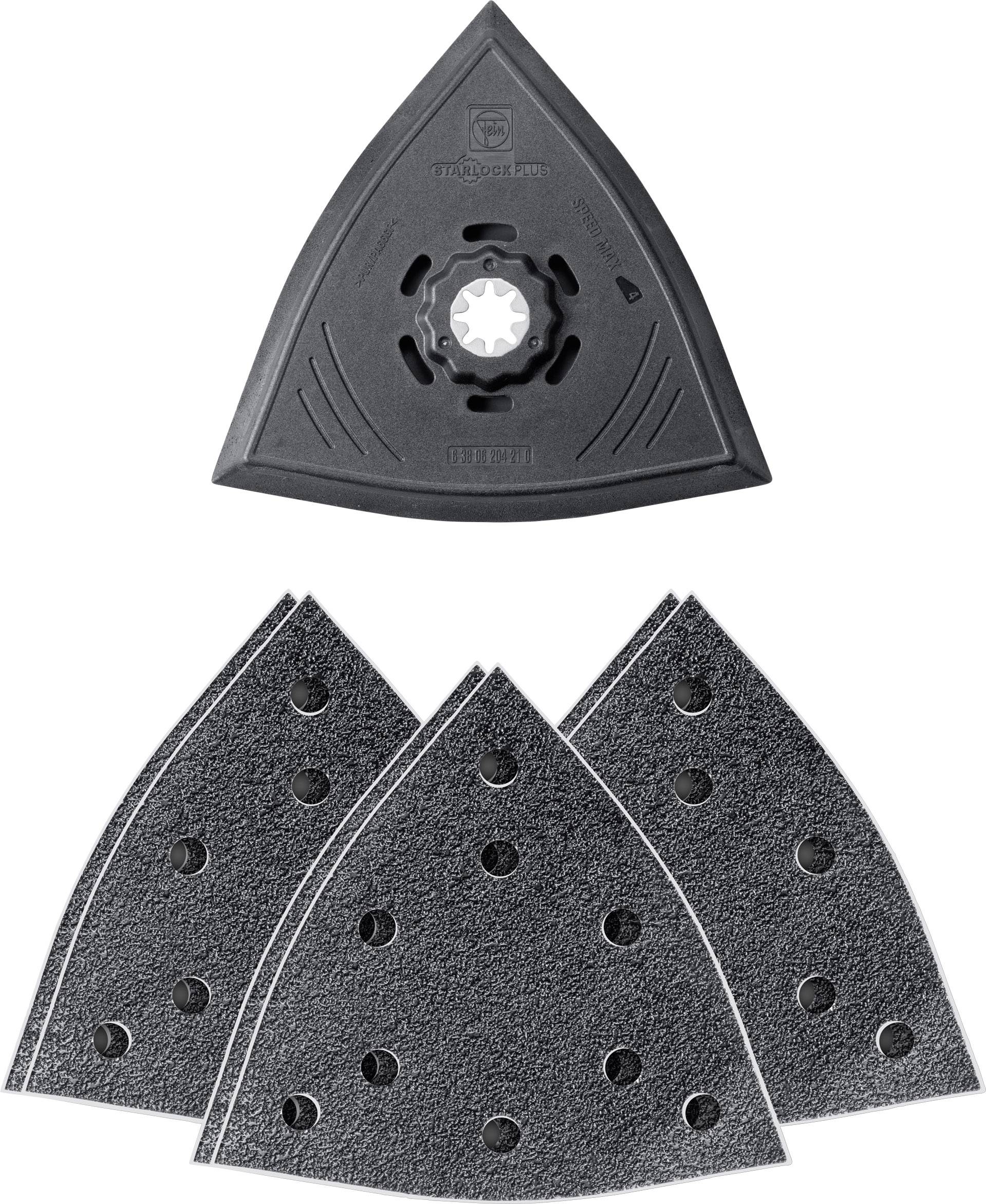 Sanding attachments and sanding sheets in triangular form, suitable for detailed sanding work on wood or metal surfaces.