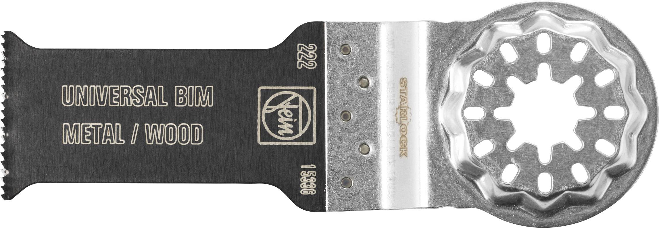 A oscillating saw blade with the inscription 'UNIVERSAL BIM METAL / WOOD' by Fein, suitable for metal and wood processing.