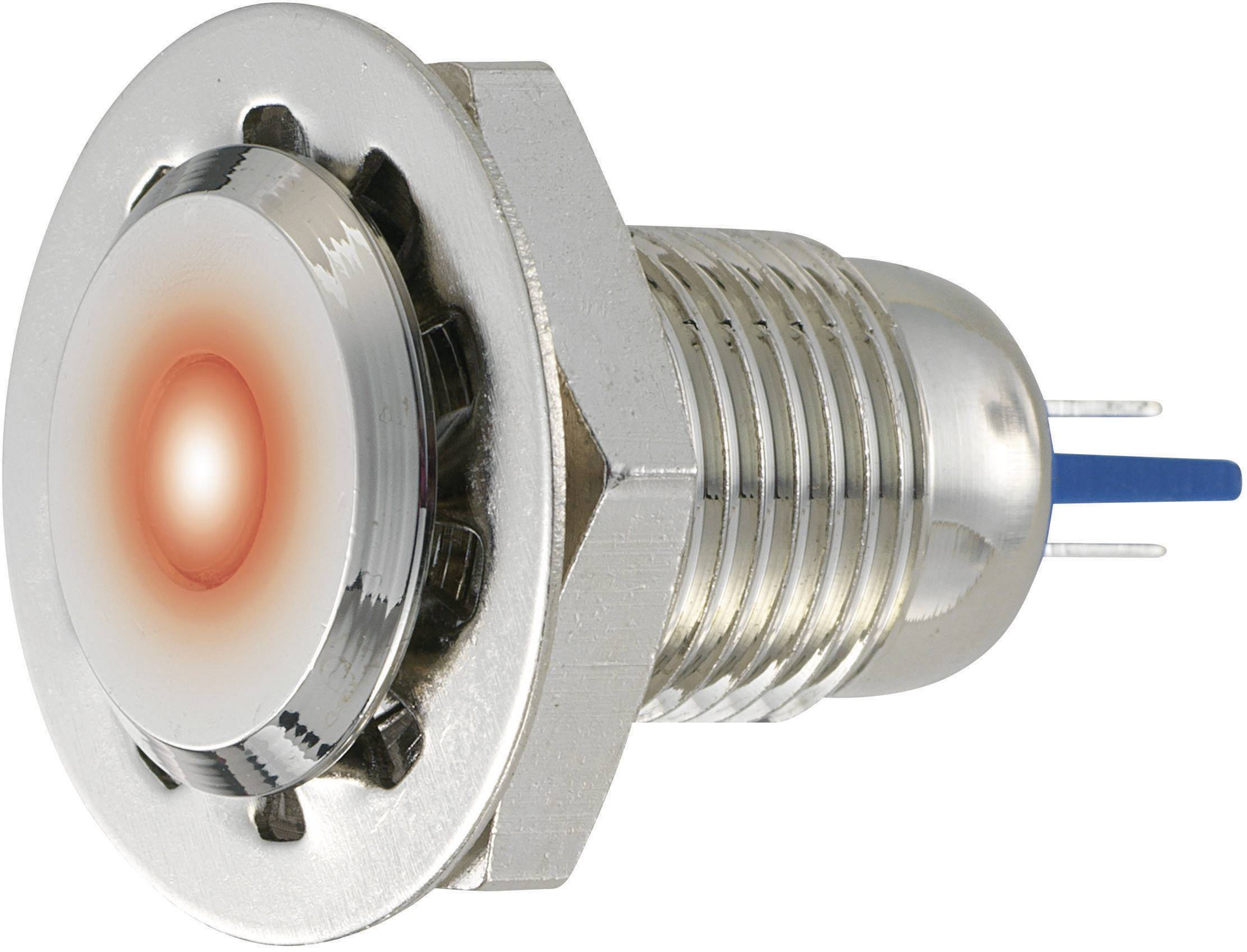 A round metal push button with an illuminated red LED ring, mounted on a metal enclosure, indicates a switching status.