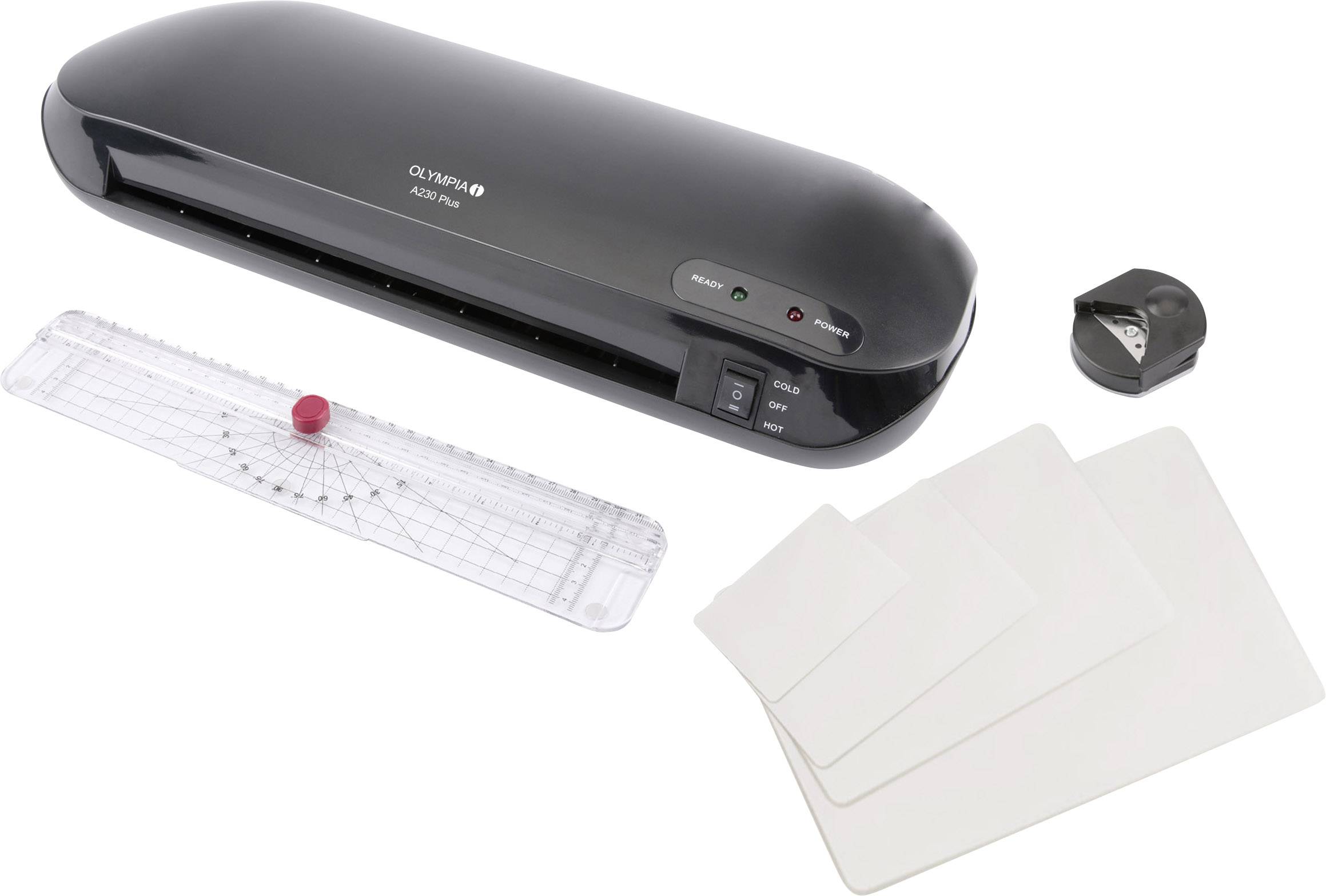 Black-grey laminating machine with four plastic sheets, a ruler with a red rotating knob, and a black pencil sharpener.