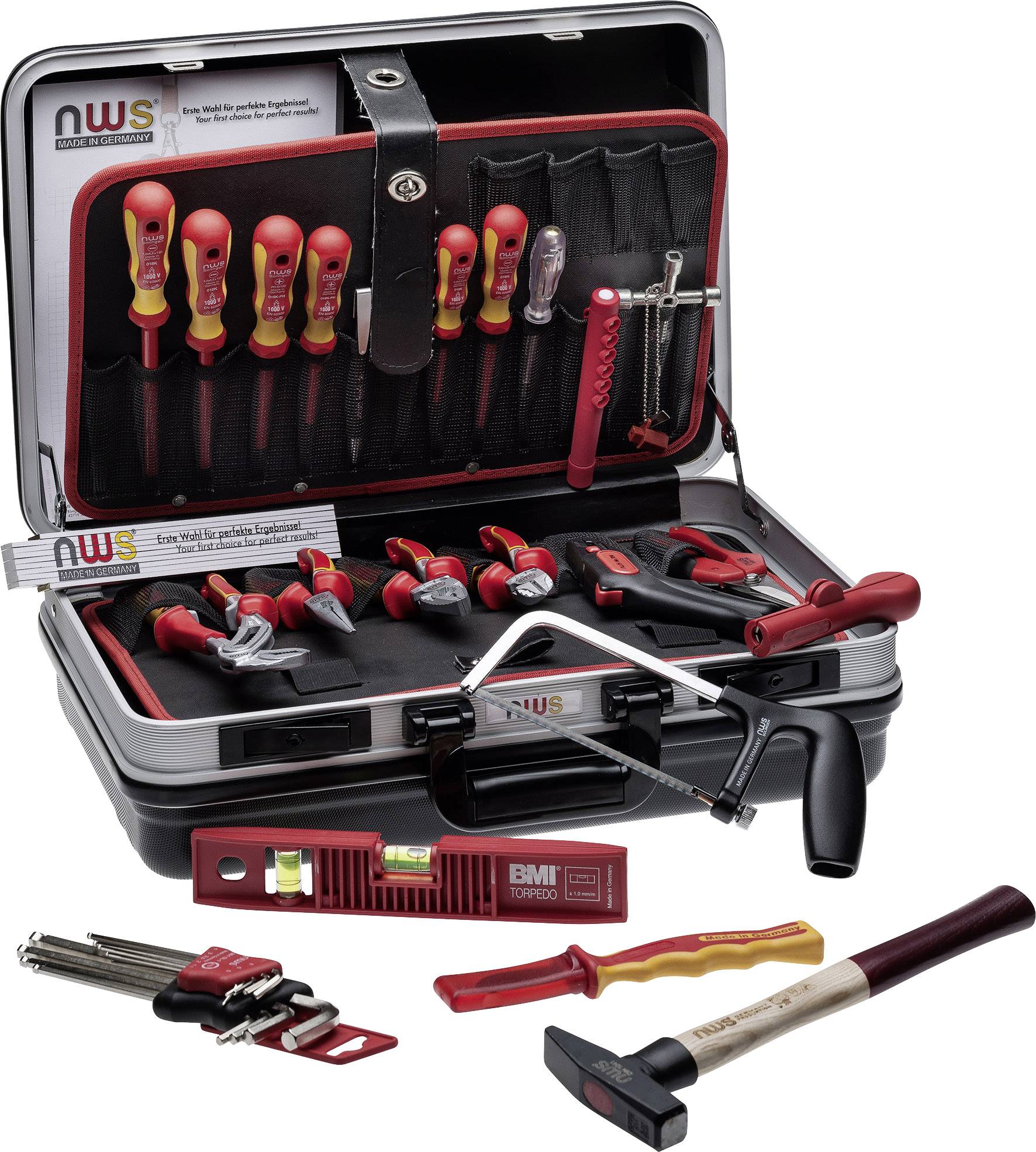 Tool kit with various tools such as screwdrivers, Allen keys, hammer and saws. Ideal for repairs.