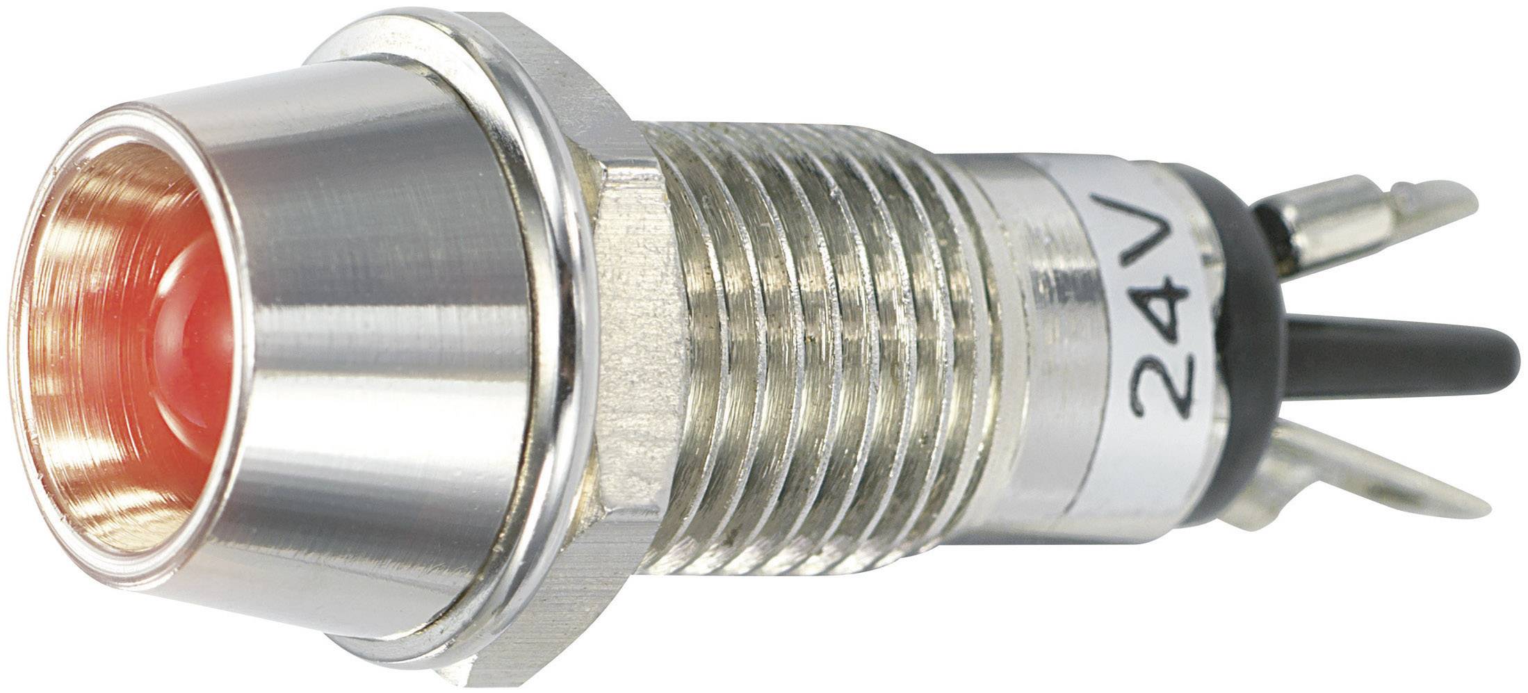 A red LED indicator switch for 24V devices, side-mounted, with two black cables for electrical connections.