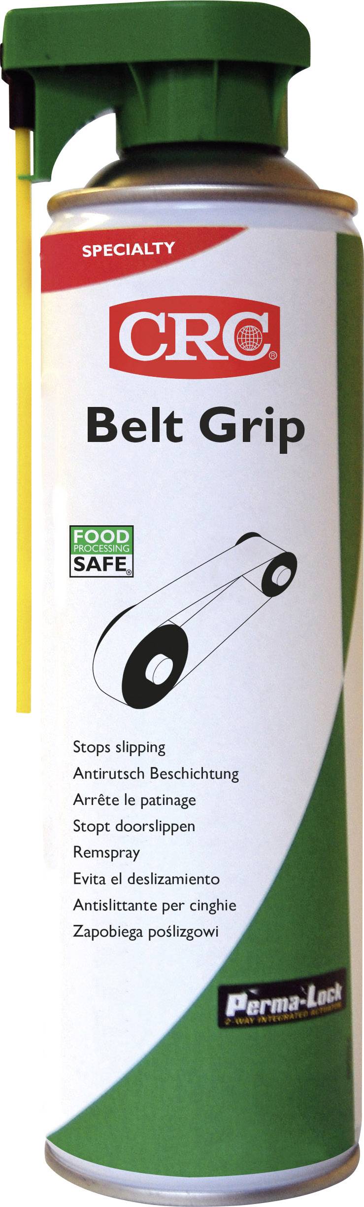 Spray can with 'Belt Grip' inscription, prevents slipping of straps. Food-safe, with green safety cap and yellow straw.