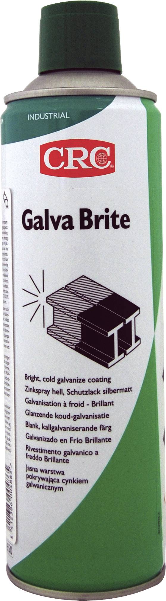 'CRC Galva Brite' spray can on a white background. Product for cold galvanising of metal surfaces.<br><br>Note: This is a direct translation to British English, preserving the technical terminology and maintaining the original description's structure.