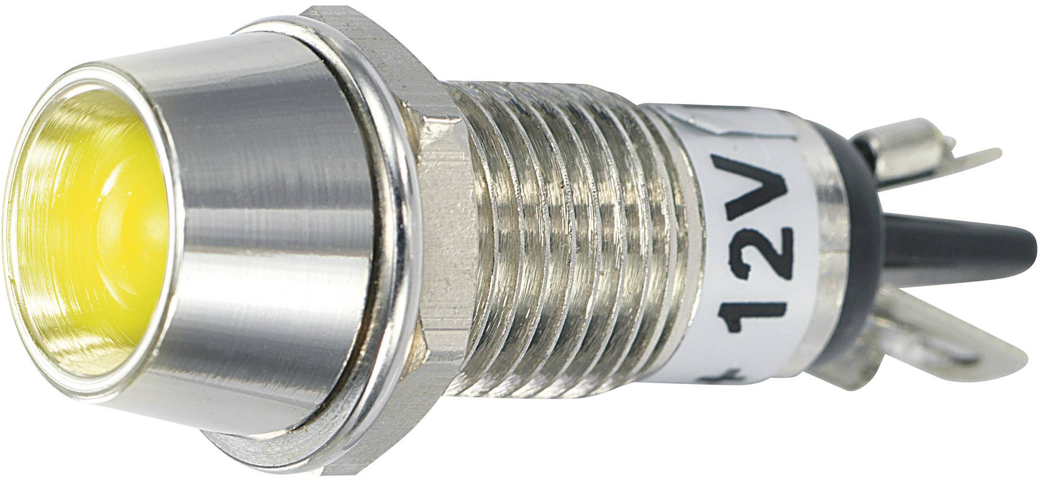 A metallic LED pilot light switch illuminates yellow. Beside it is '12V', which indicates the switch's voltage.