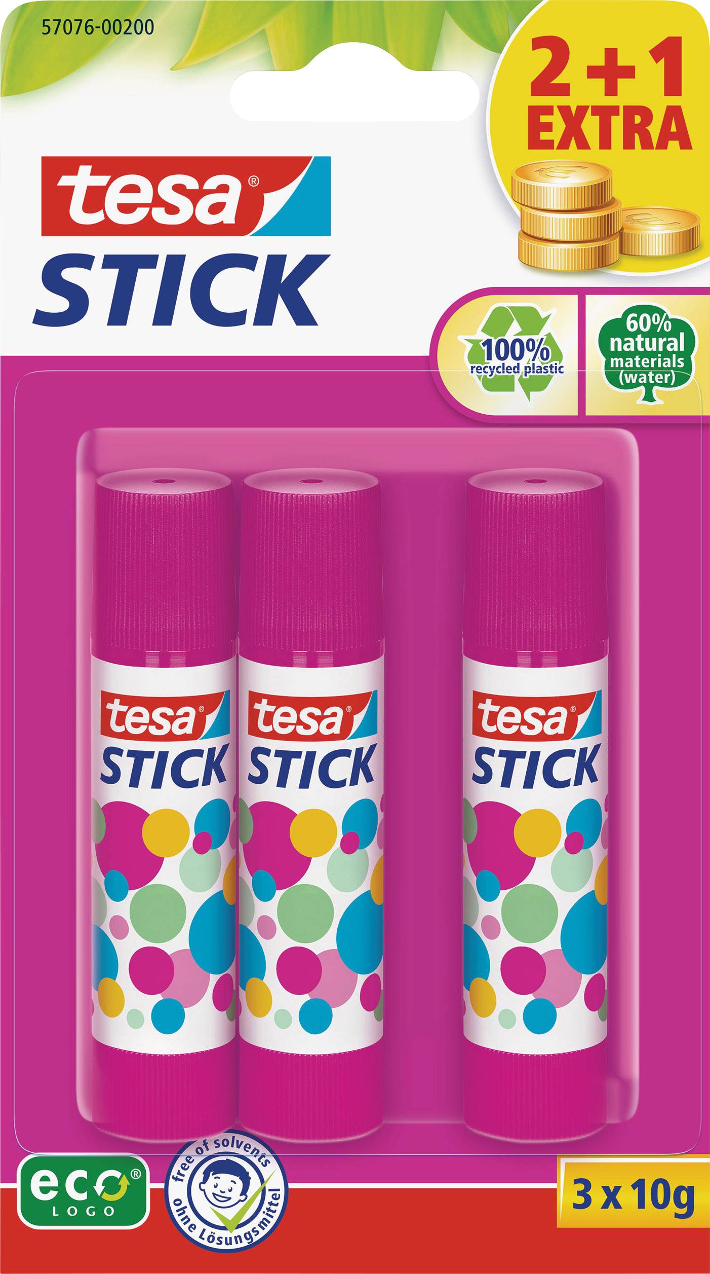 Three Tesa glue sticks in colourful design on pink cardboard. Note '2+1 Free'. Manufactured from 60% natural materials.