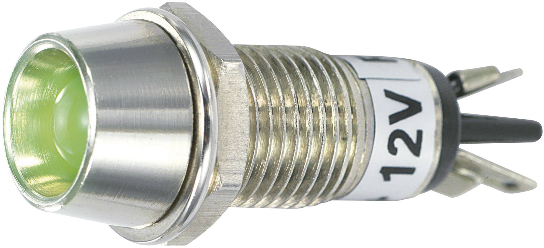 Metal switch with green LED, side marking '12V', suitable for electronic devices and control panels.
