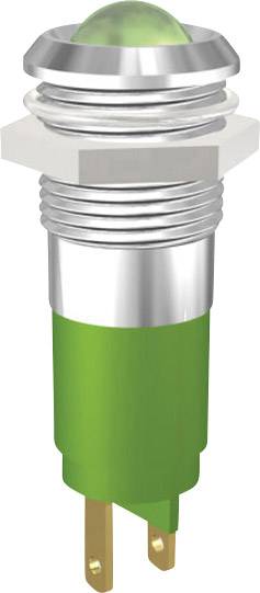 Green LED indicator light with metal housing and plastic base. Suitable for signalling and switch indication in electrical devices.