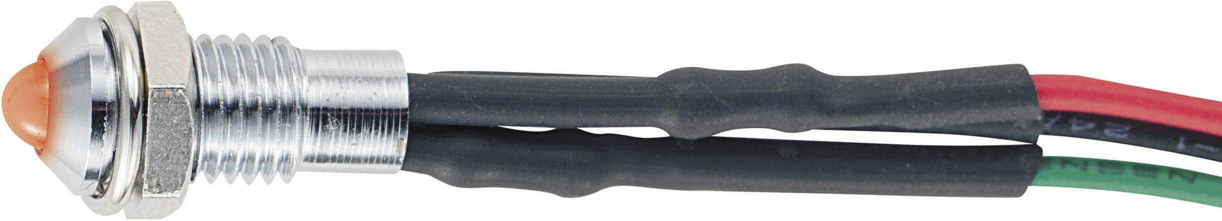 A round, metallic push button switch with an orange button and three connected cables (black, red, green).