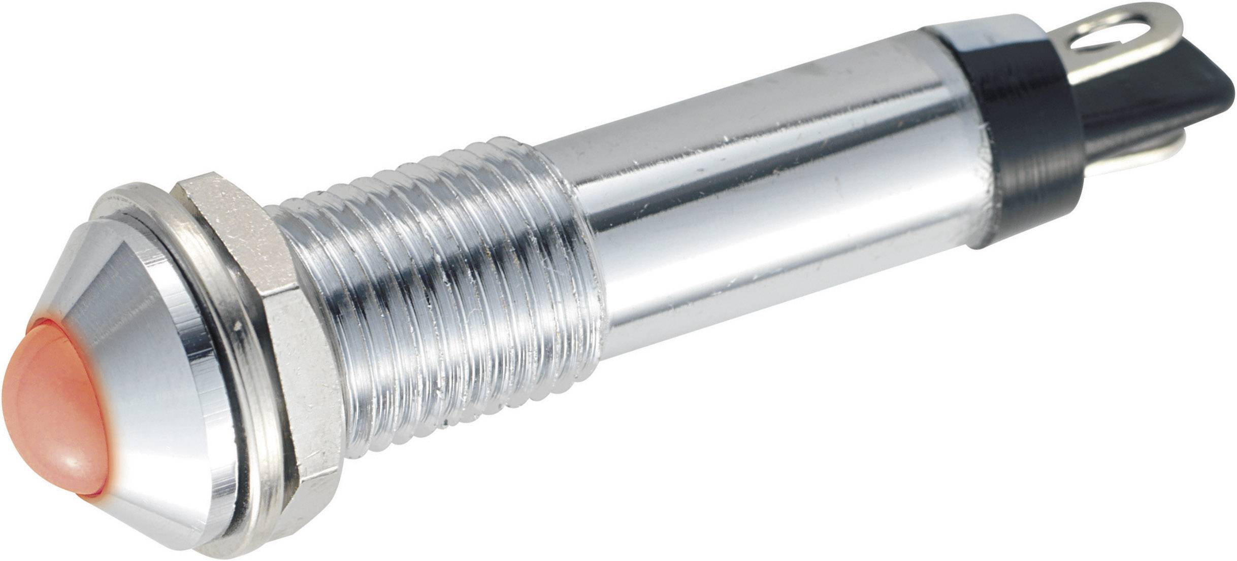 Metal push-button switch with red plastic button and threaded mounting. Suitable for electronic applications.