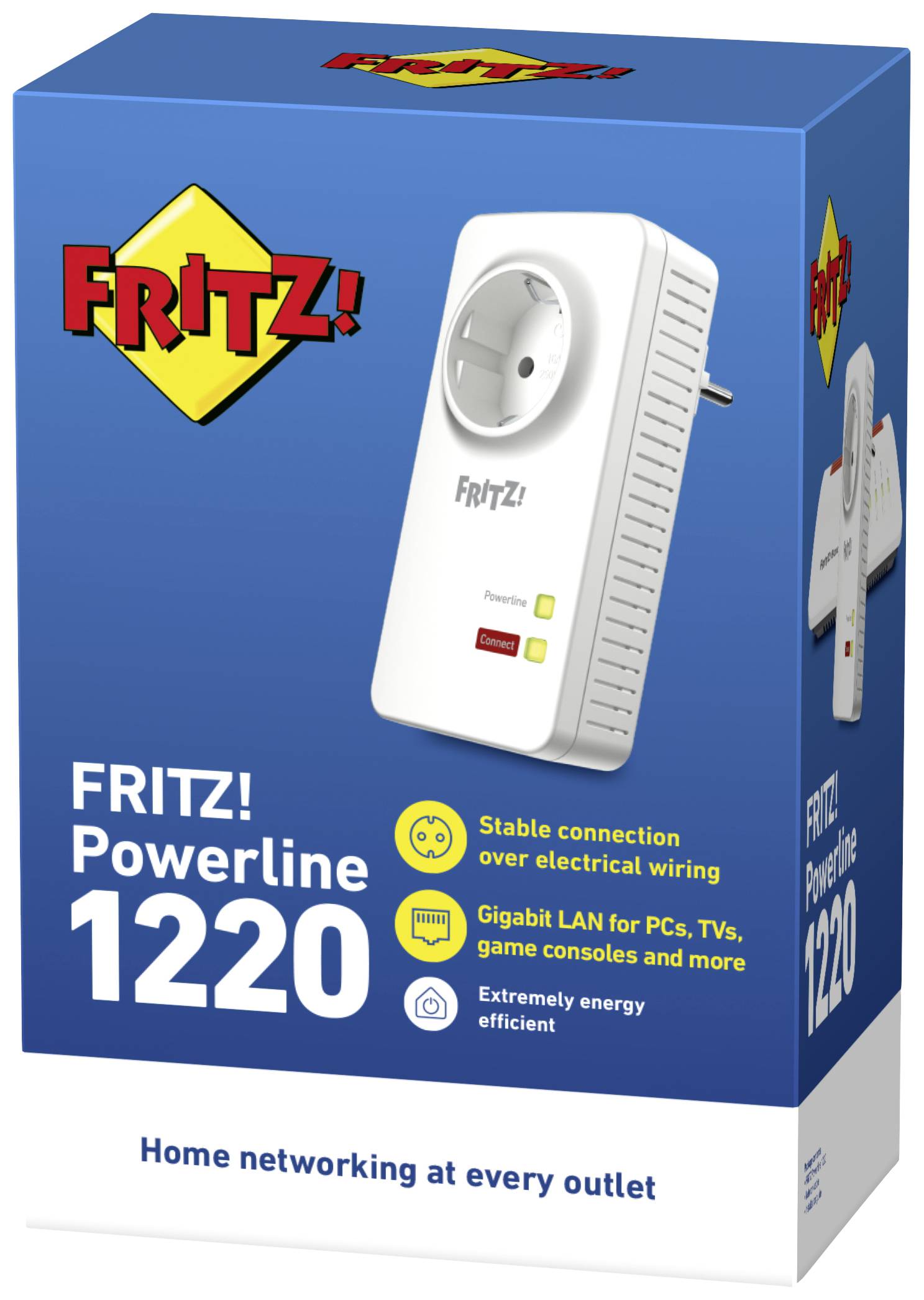 Packaging for a 'FRITZ! Powerline 1220' device. Offers stable connection via power network, Gigabit LAN and is energy-efficient.