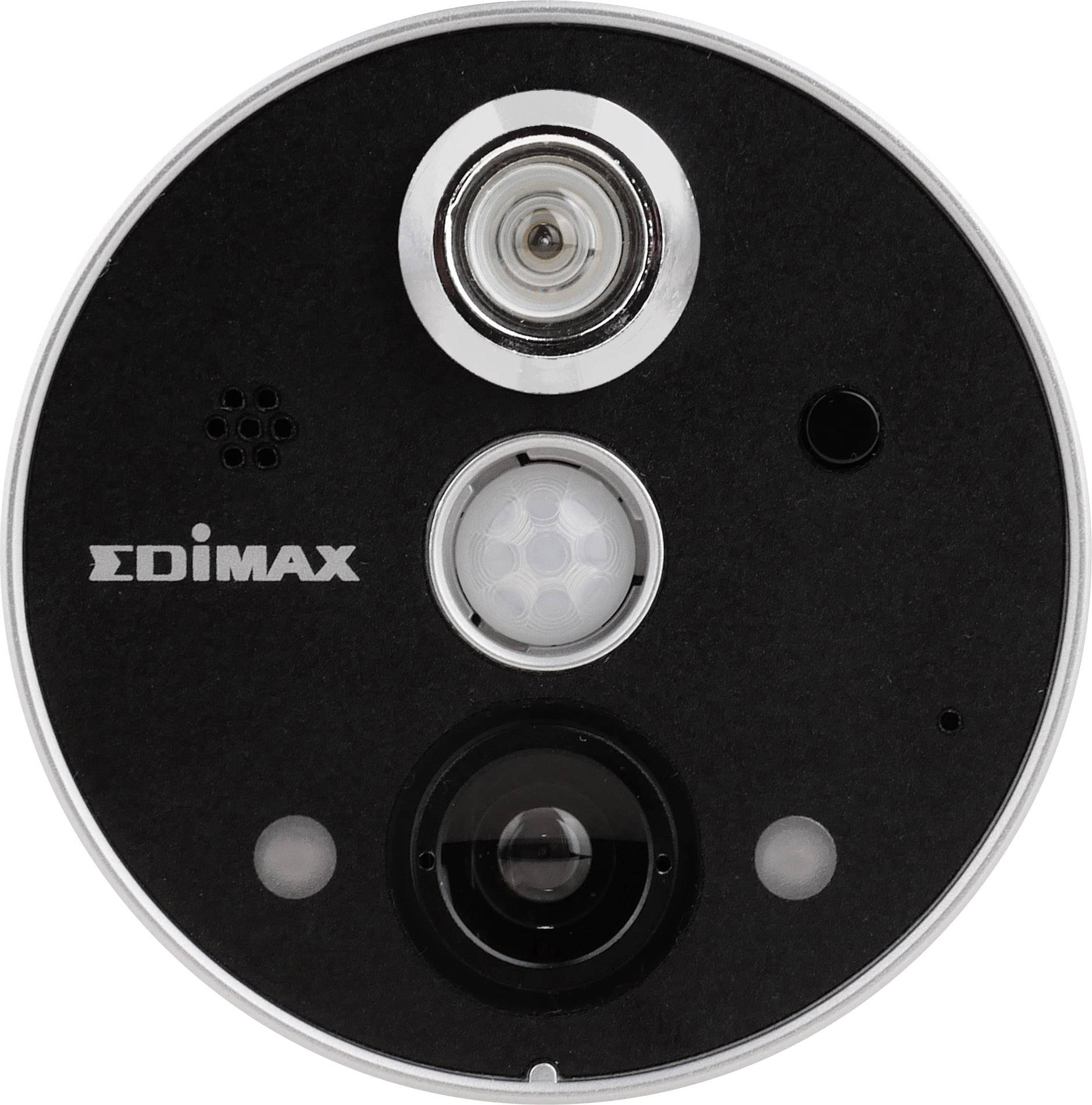 A round Edimax security camera with a movable lens and infrared sensor, suitable for surveillance in indoor and outdoor areas.