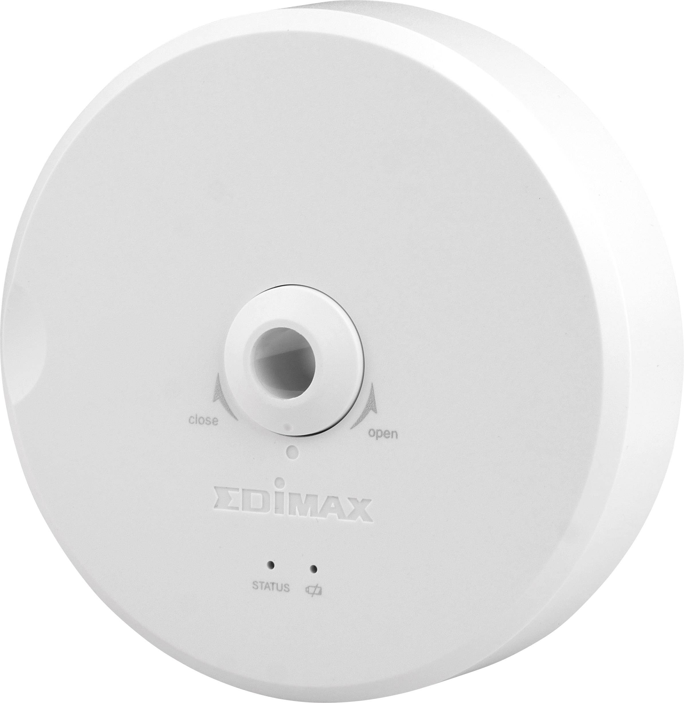 A round, white Edimax IoT sensor. A switch shows options 'open' and 'close'. Status indicator below with Wi-Fi symbol.