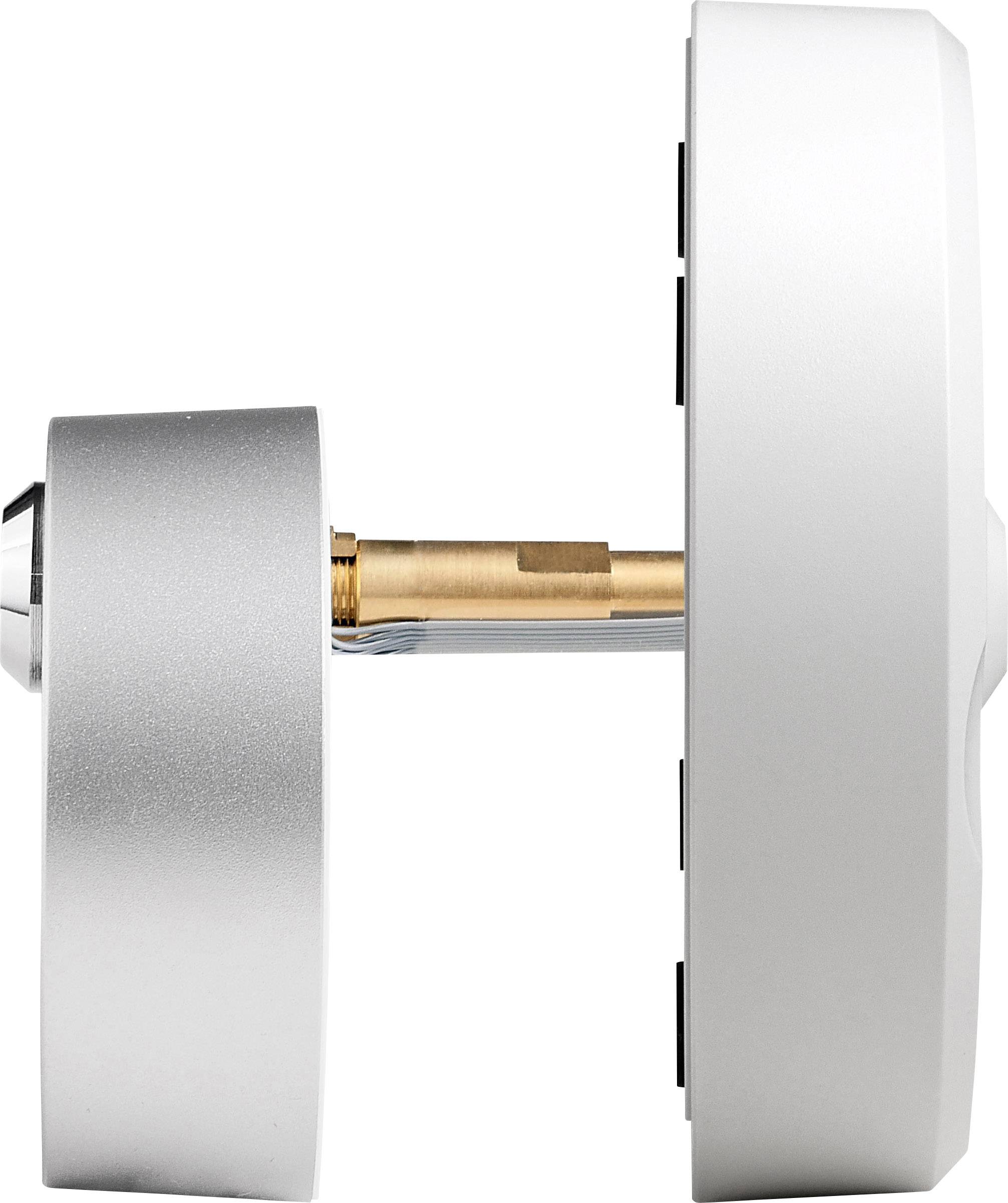 Side view of a modern, silver door lock with electronic and mechanical components.