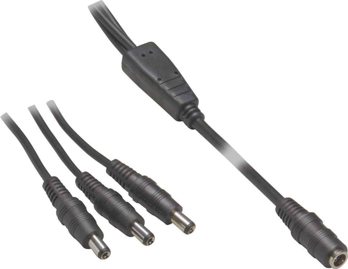 Black adapter cable with four plugs; used for connecting multiple devices to a power source.