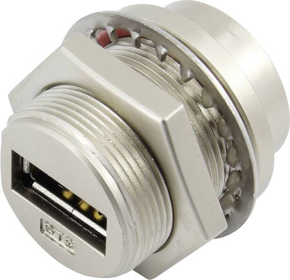 A silver USB port in a metallic casing, typically used for mounting on panels, with several visible contact pins.