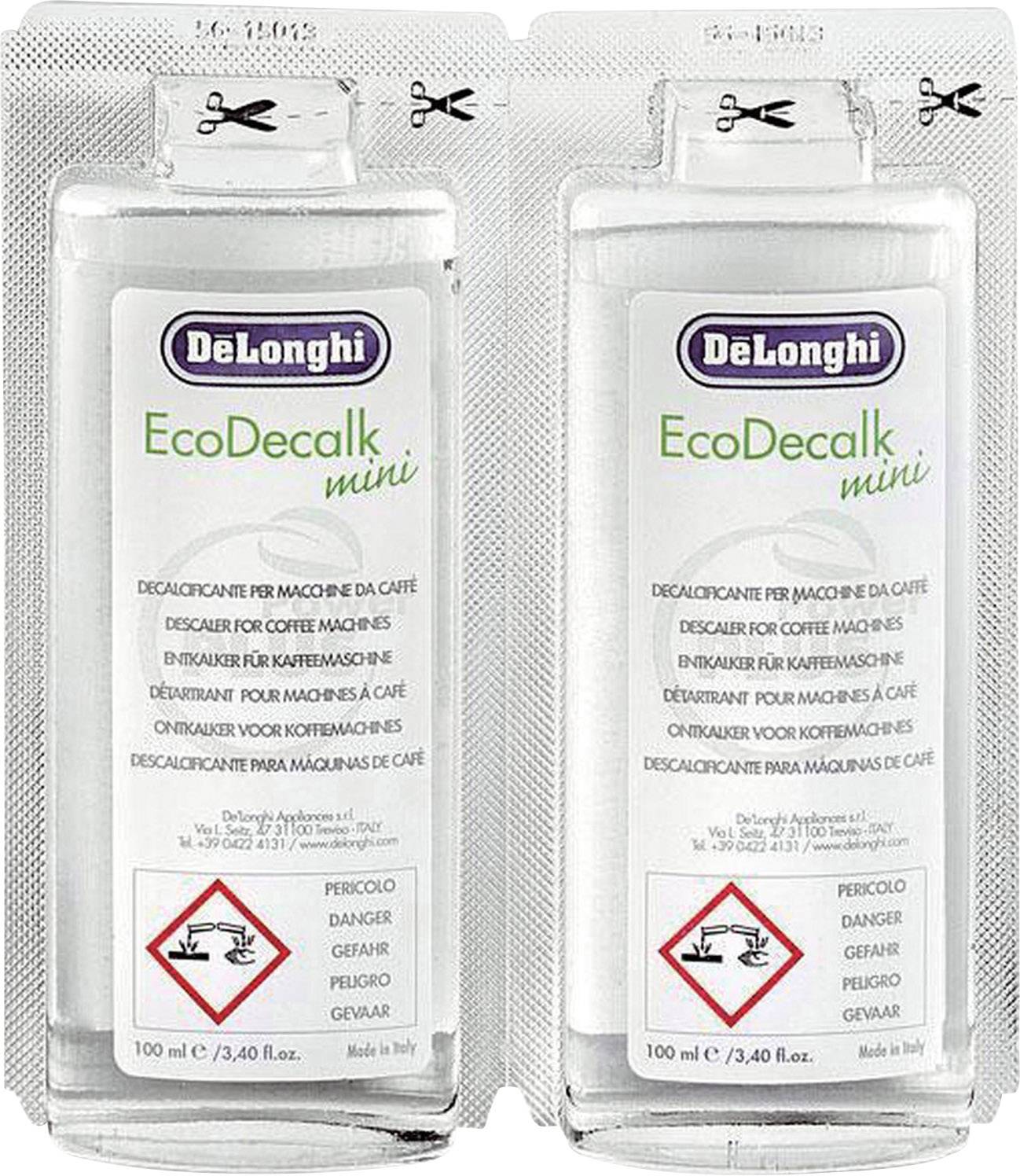 Two small bottles of DeLonghi EcoDecalk Mini descaler for coffee machines, each 100 ml, for removing limescale deposits.
